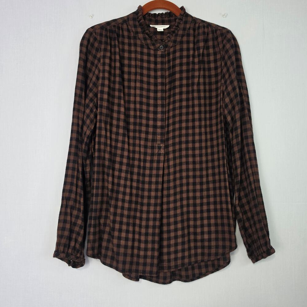 Gingham Ruffle Neck Long Sleeve Flannel Top size M Grunge Dark Academia Modest